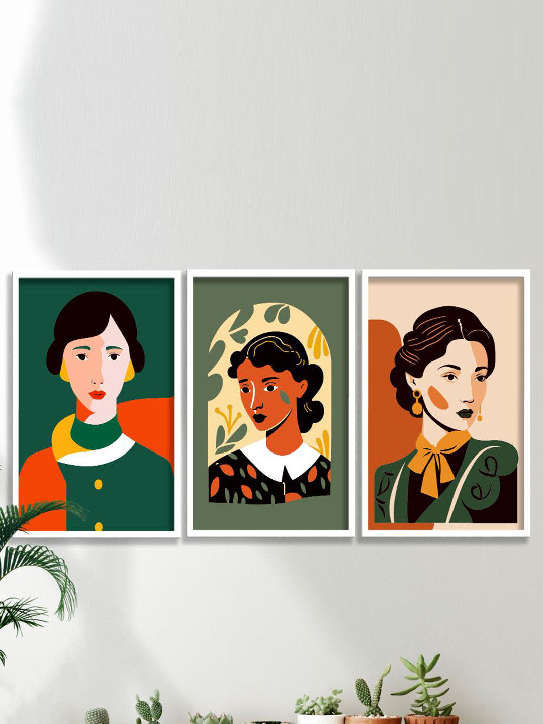 SAF Green & Orange-Color 3 Pieces Modern Boho Art Painting Framed Wall Art