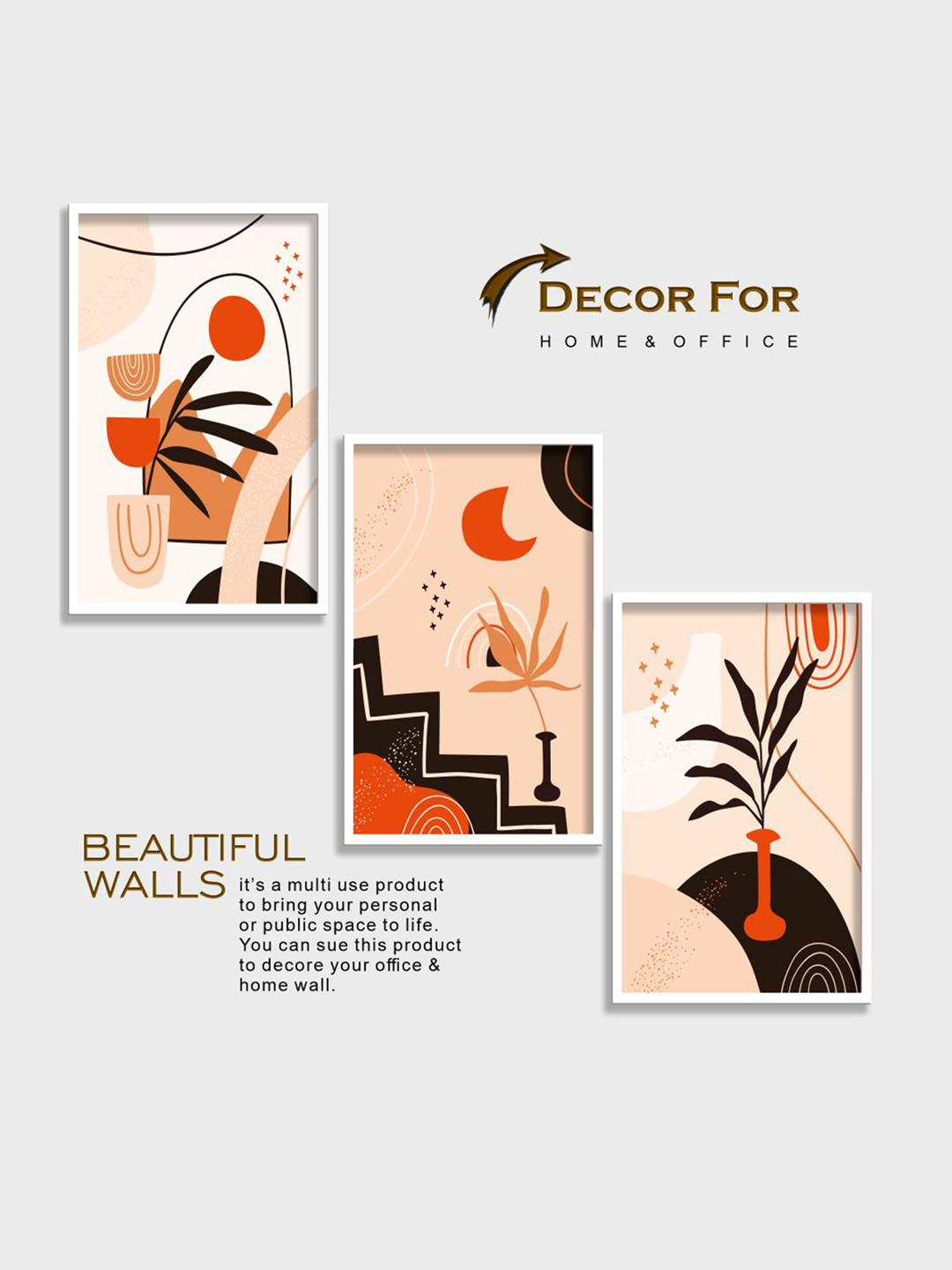 SAF Beige & Orange 3 Pieces Modern Boho Printed Matte Finish Wall Art