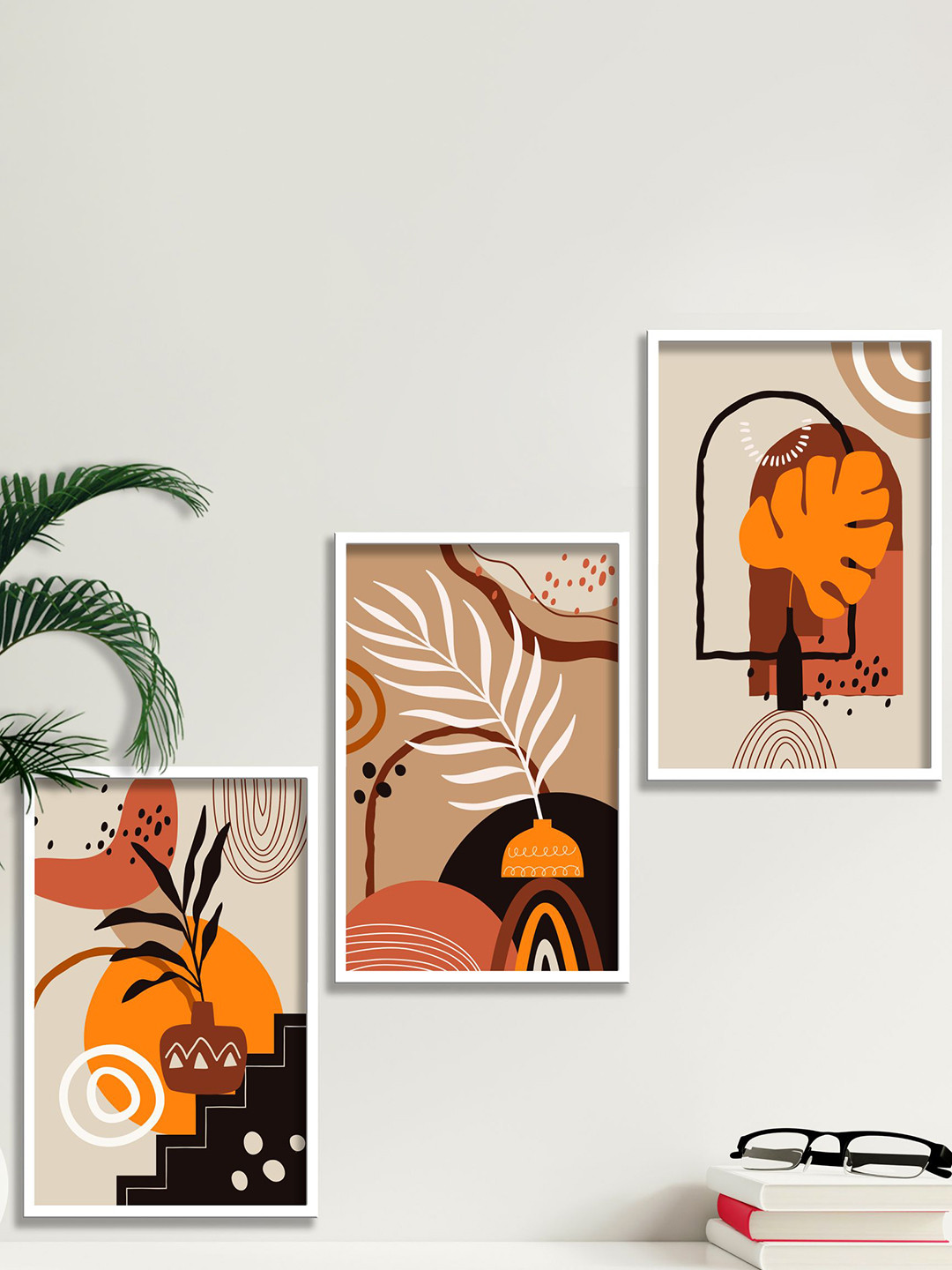 SAF Beige & Orange Coloured 3 Pieces Modern Boho Art Painting Framed Wall Art