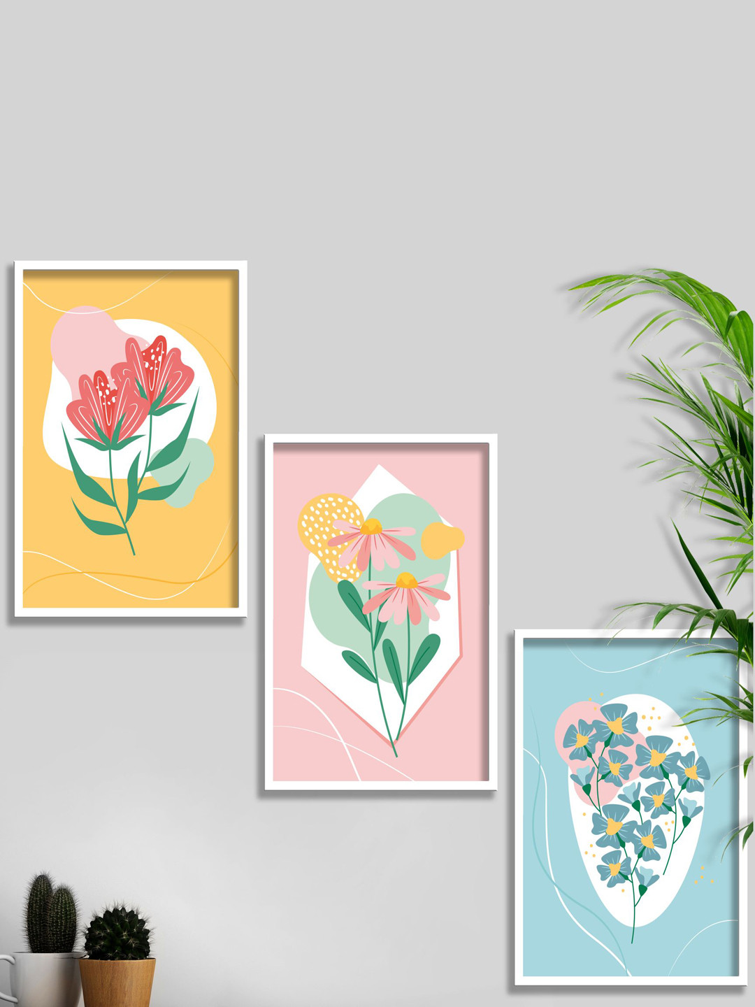 SAF Blue & Yellow 3 Pieces Modern Boho Art Painting Framed Wall Art