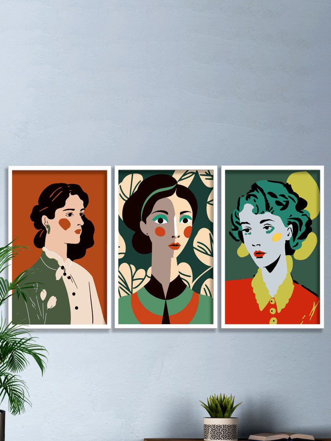 SAF 3-Pcs Green & Rust Red Modern Boho Printed Matte Finish Wall Art