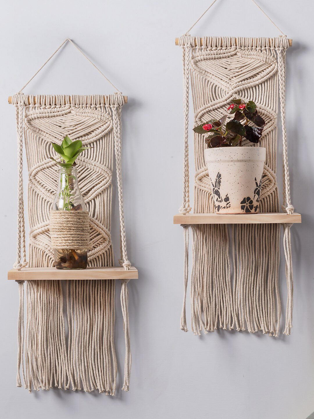 Decazone Beige Wood Macrame Wall Hanging Shelf