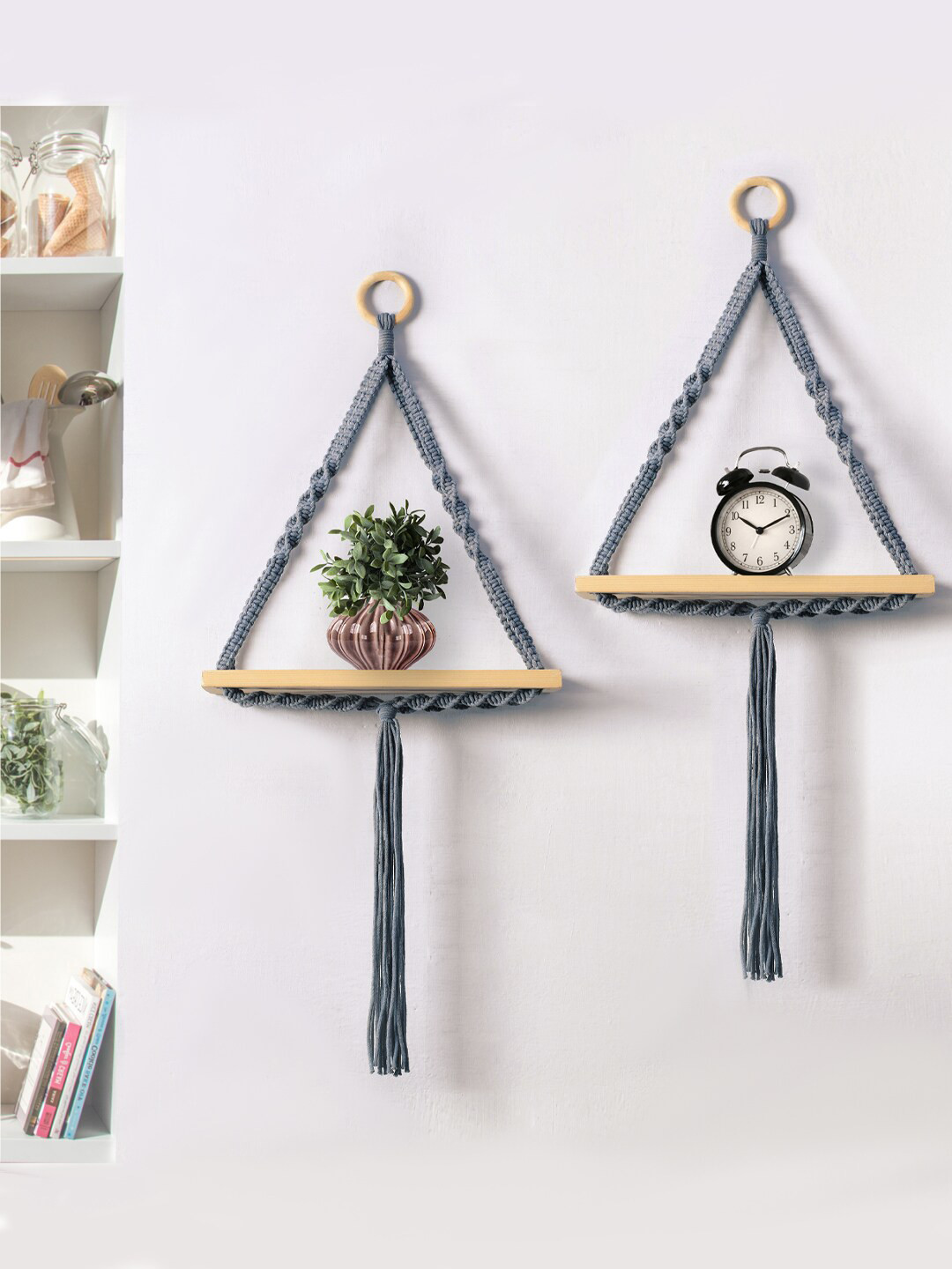 Decazone Blue Wooden Macrame Wall Hanging Shelf