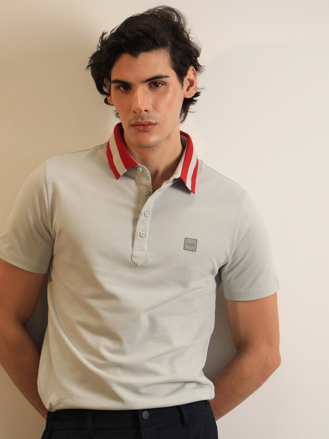 RARE RABBIT Men Divide Polo Collar Slim Fit Cotton T-Shirt