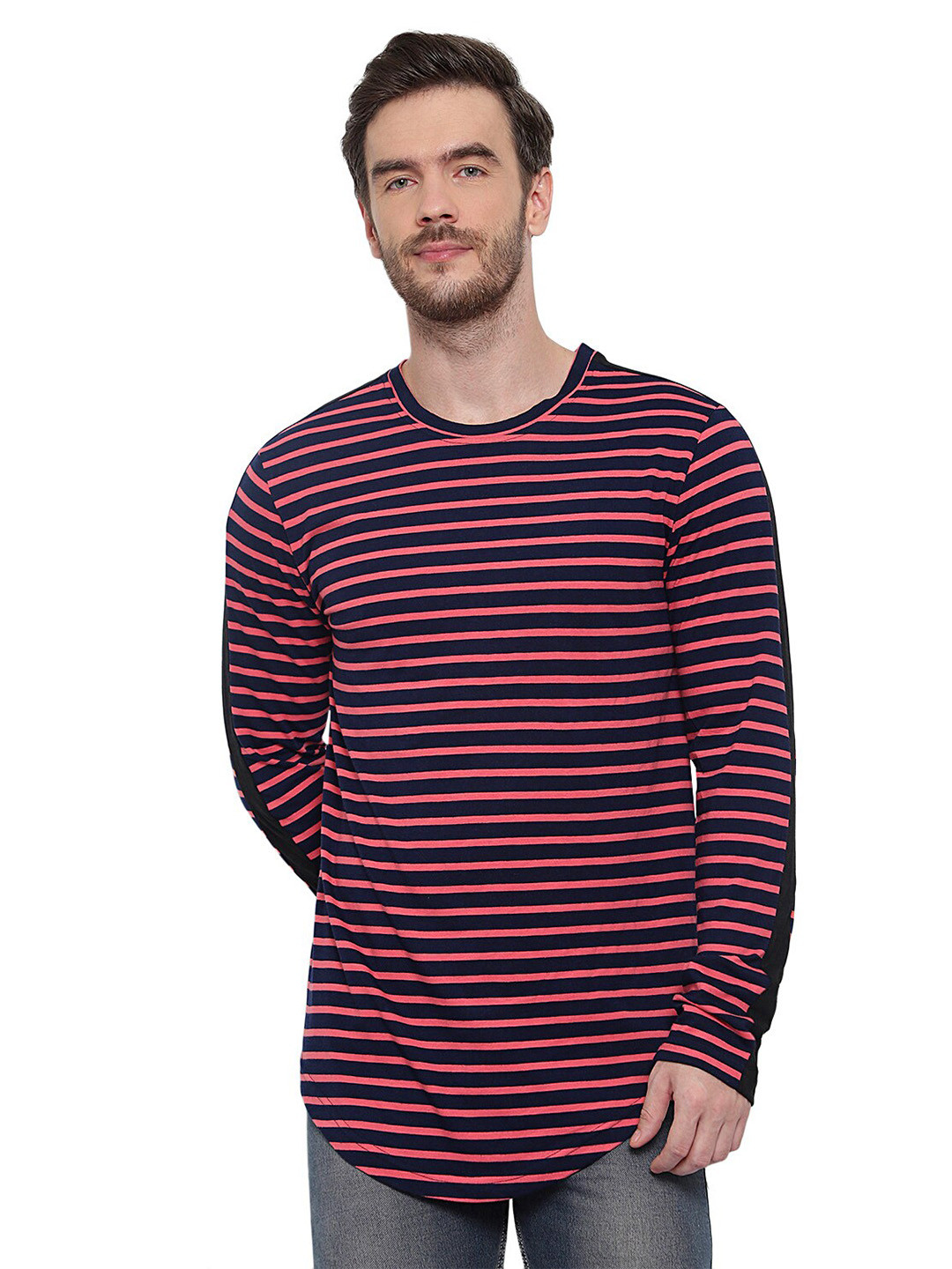 GLITO Striped Round Neck Long Sleeve Cotton T-shirt