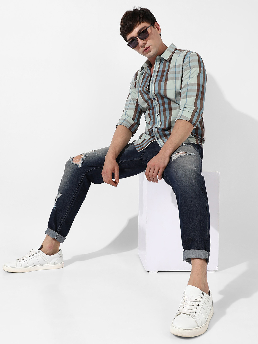 CAHOOT Cream Coloured Classic Tartan Checks Spread Collar Casual Shirt