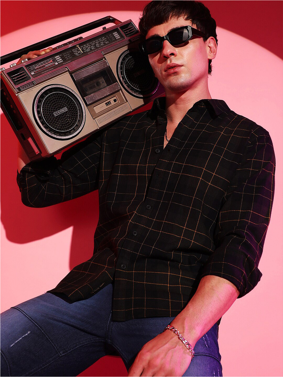 Campus Sutra Green Windowpane Checks Classic Cotton Casual Shirt