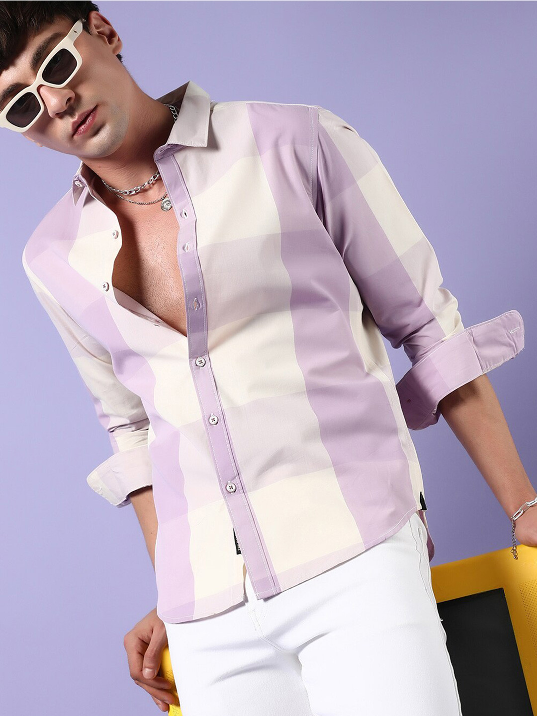 Campus Sutra White & Purple Buffalo Checks Casual Shirt