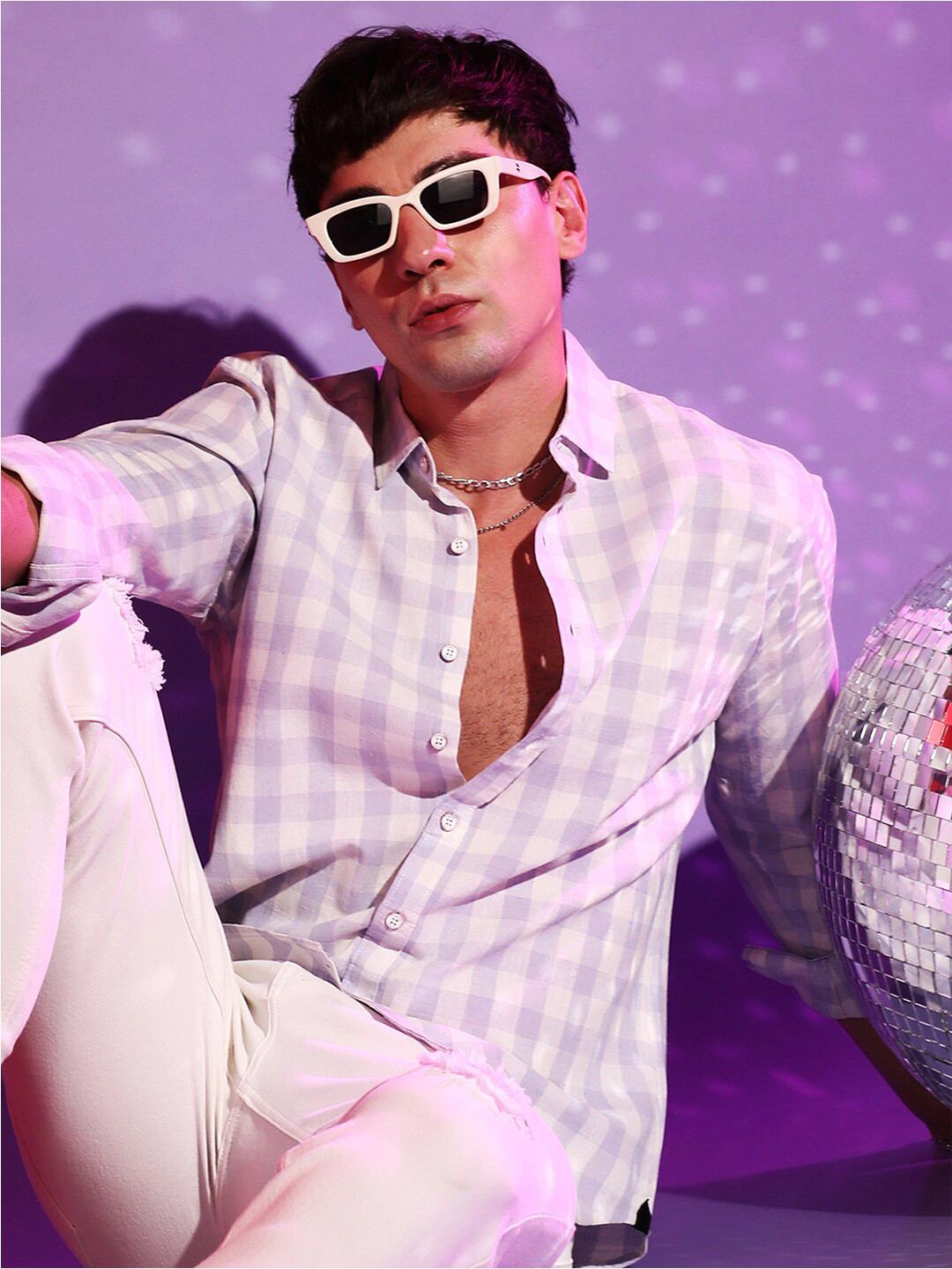Campus Sutra White & Lavender Gingham Checks Casual Shirt