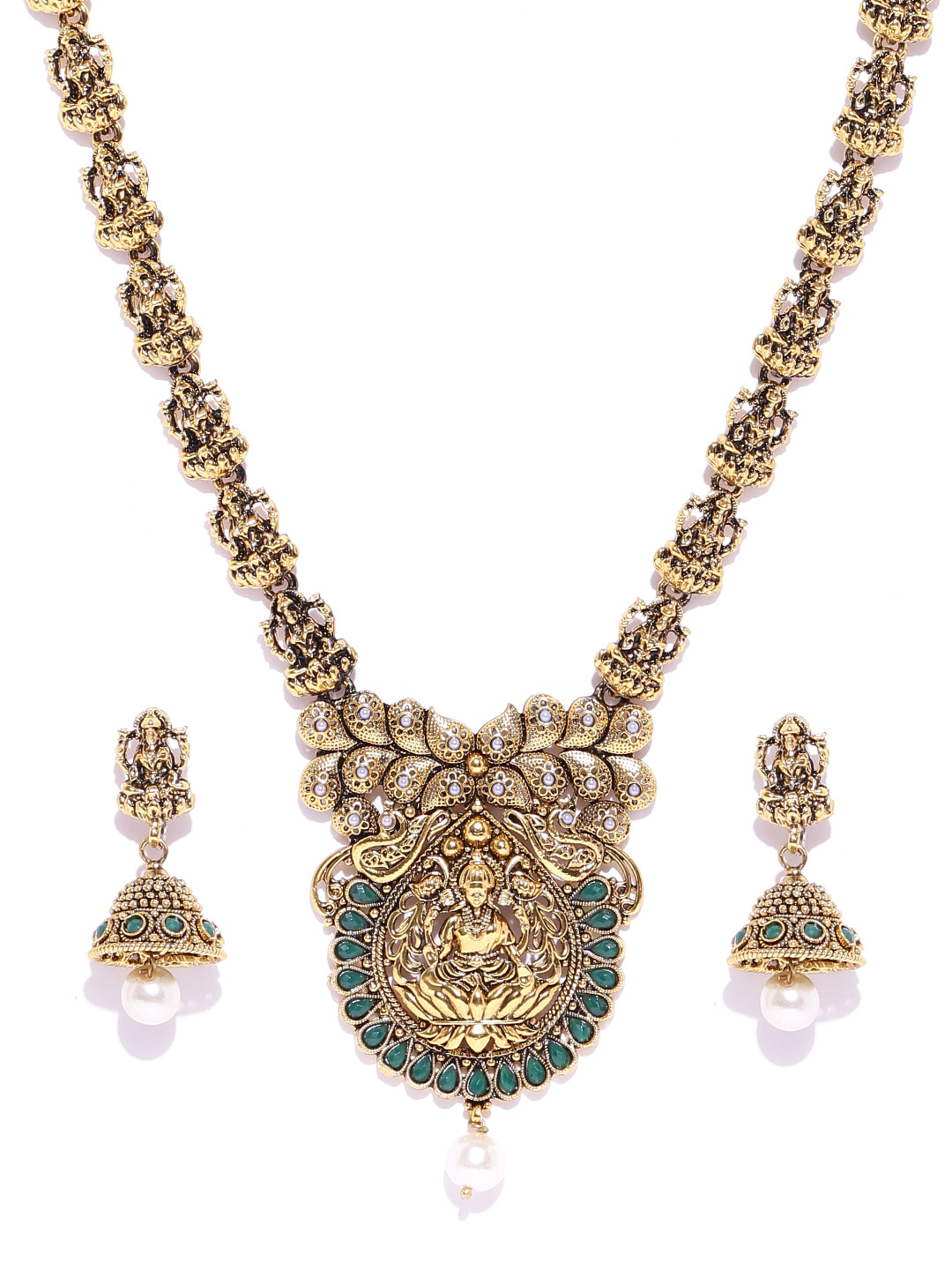 Zaveri Pearls Antique Gold-Toned Goddess Lakshmi-Textured Stone-Studded Jewellery Set