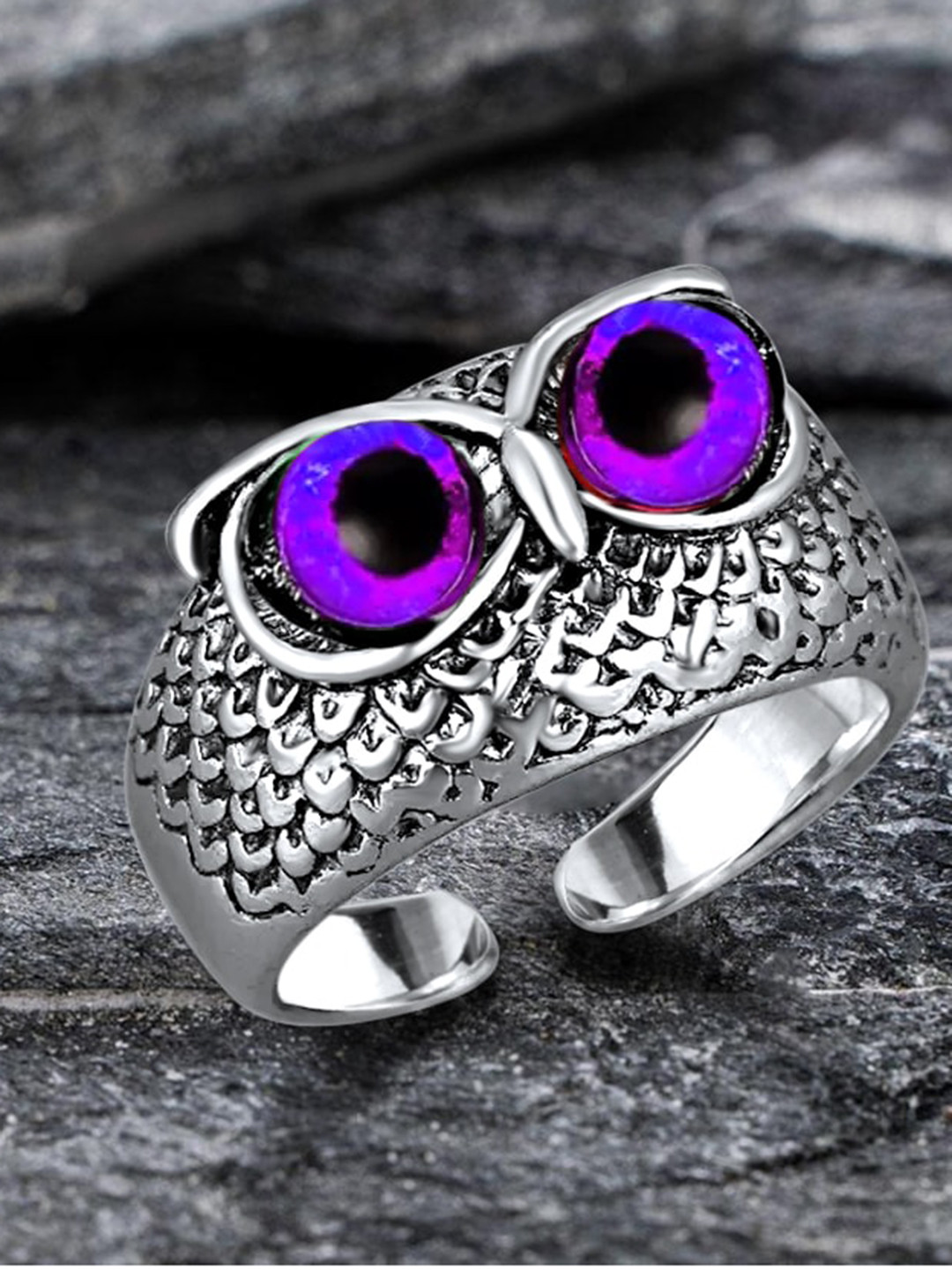 MEENAZ Unisex Silver-Plated Stainless Steel Owl Eye Textured Ring