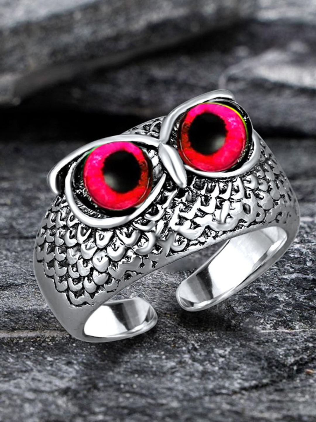 MEENAZ Unisex Silver and Red Adjustable Owl Rings