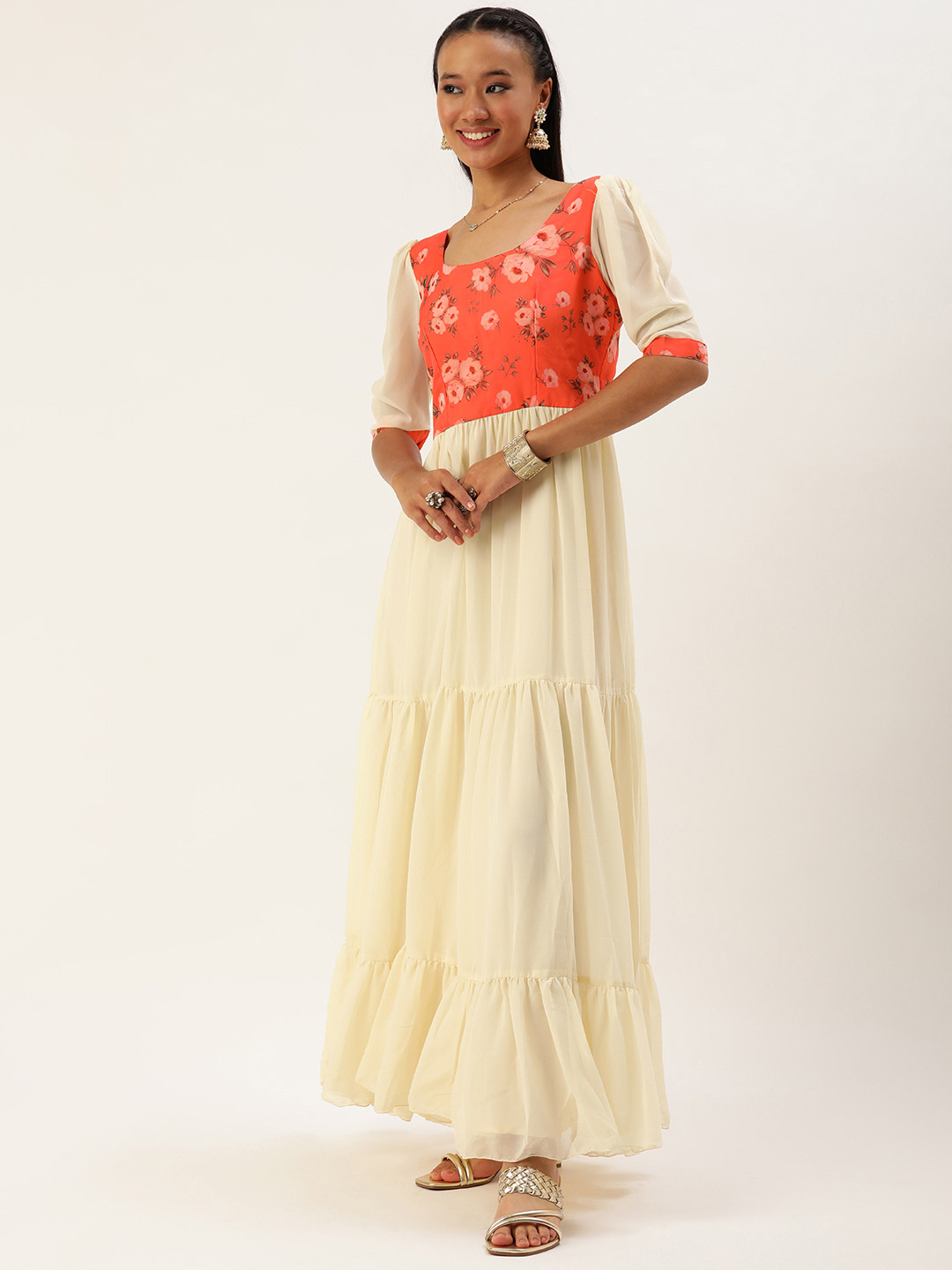 Ethnovog Floral Printed Tiered Gown Dress