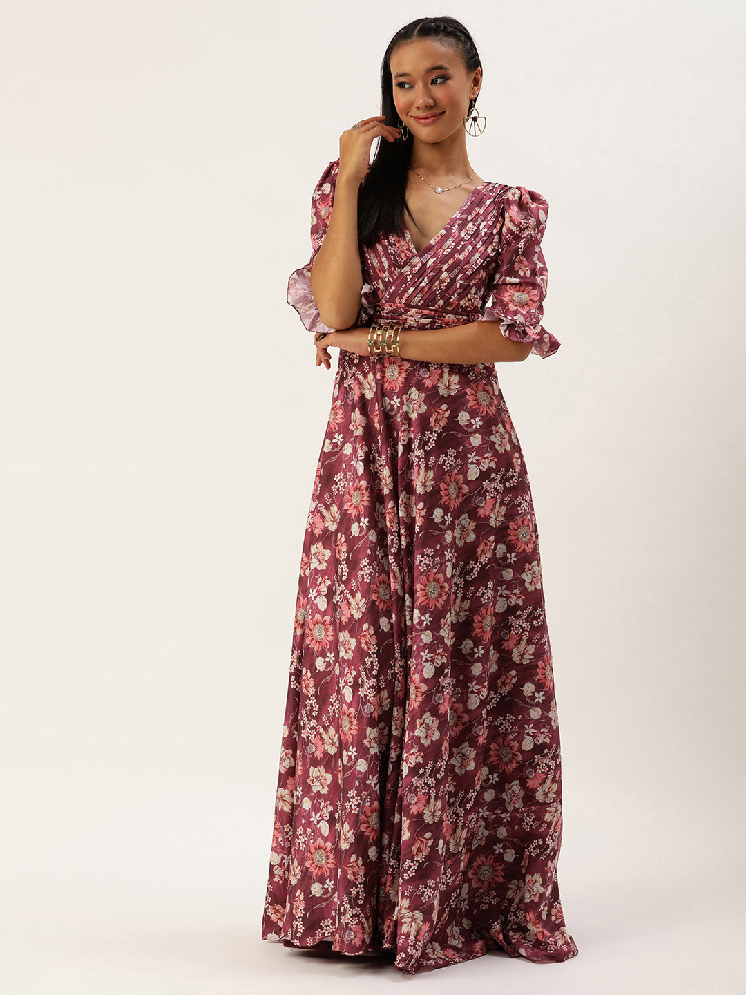 Ethnovog Floral Print Puff Sleeve Maxi Dress