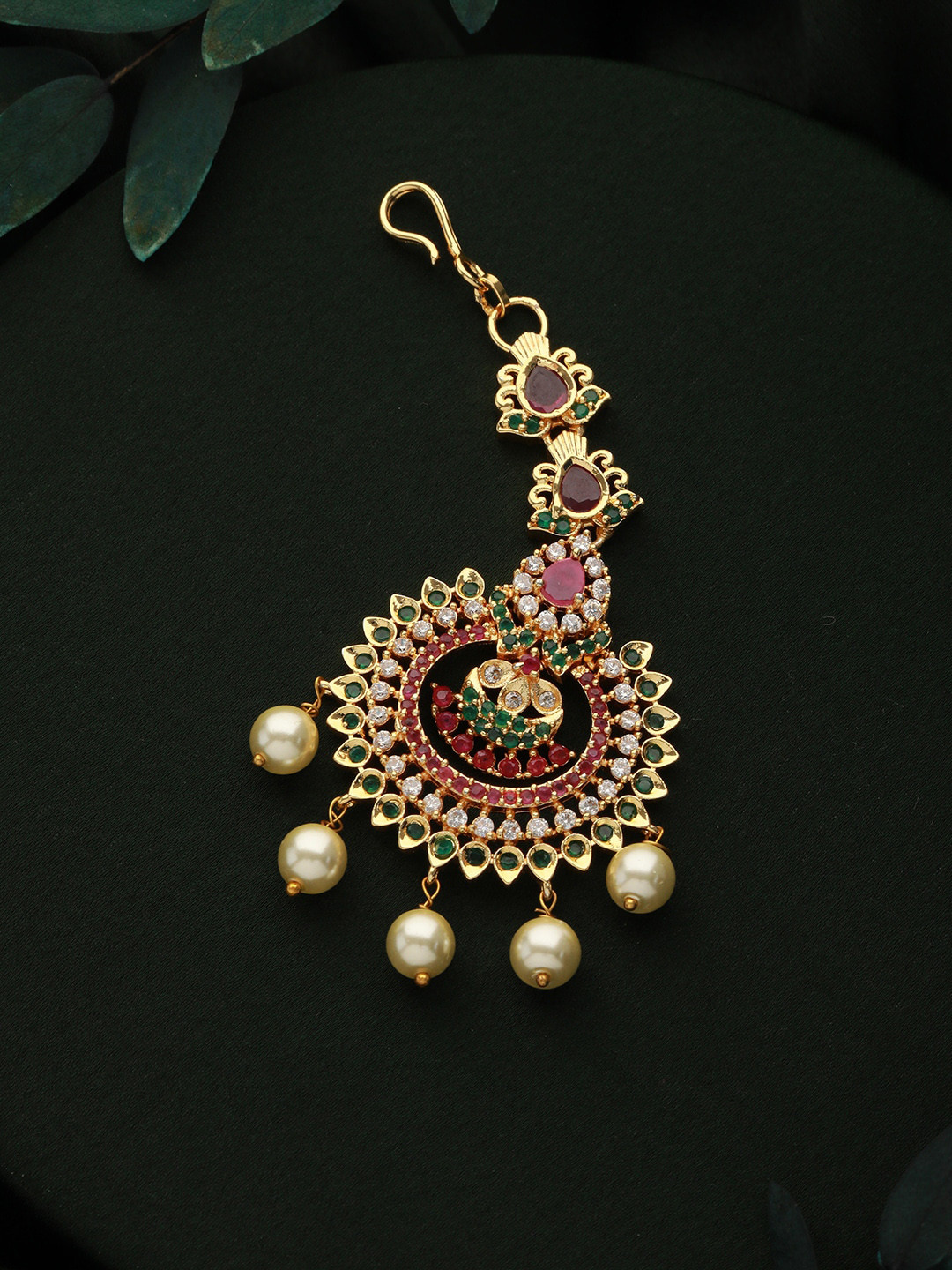 Jazz and Sizzle 24KT Gold-Plated AD Studded & Pearl Beaded Temple Maangtika