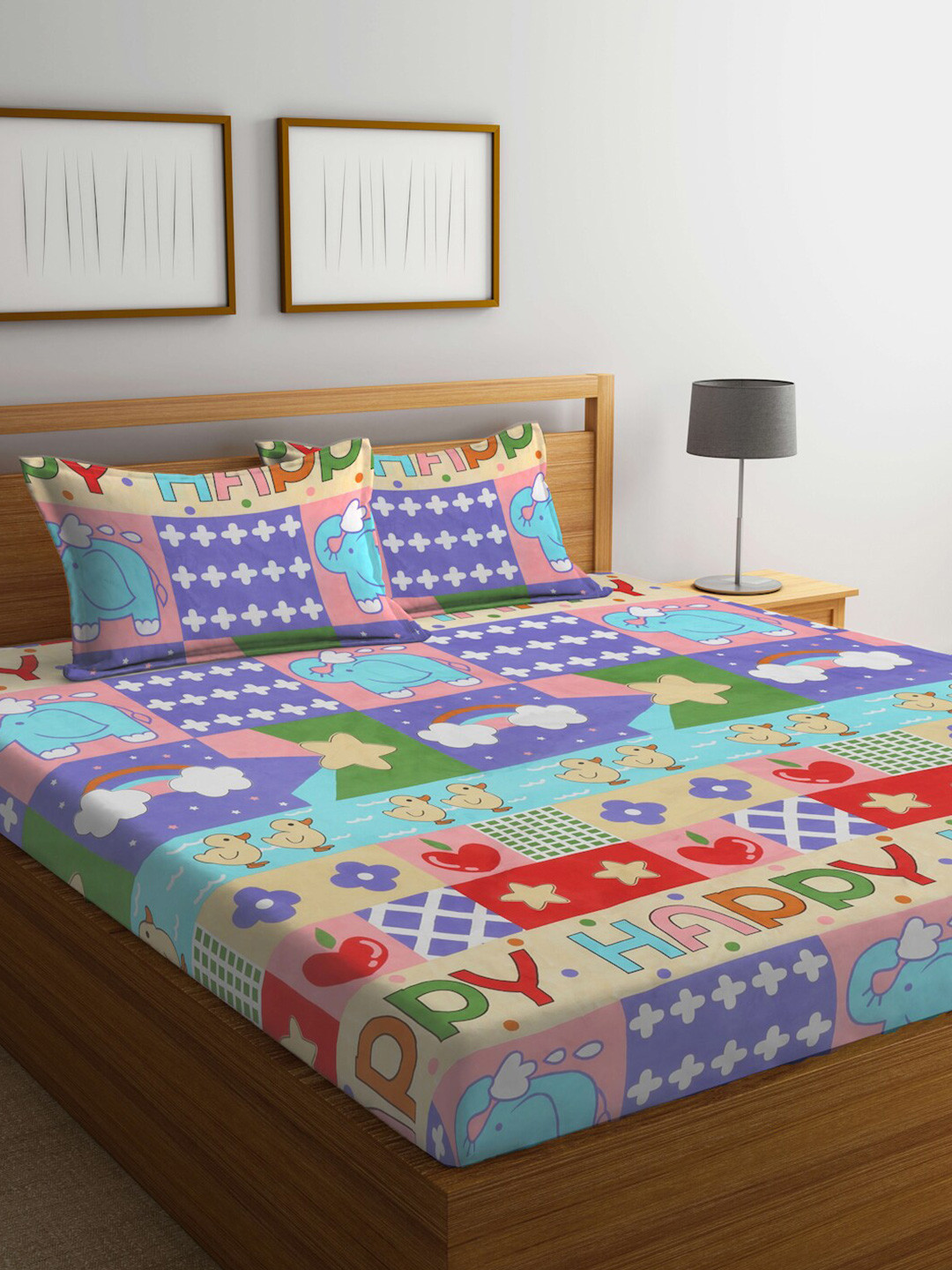 FABINALIV Purple Conversational Polycotton 300 TC Fitted King Fine Bedsheet with 2 Pillow Covers-98 x 89 inches