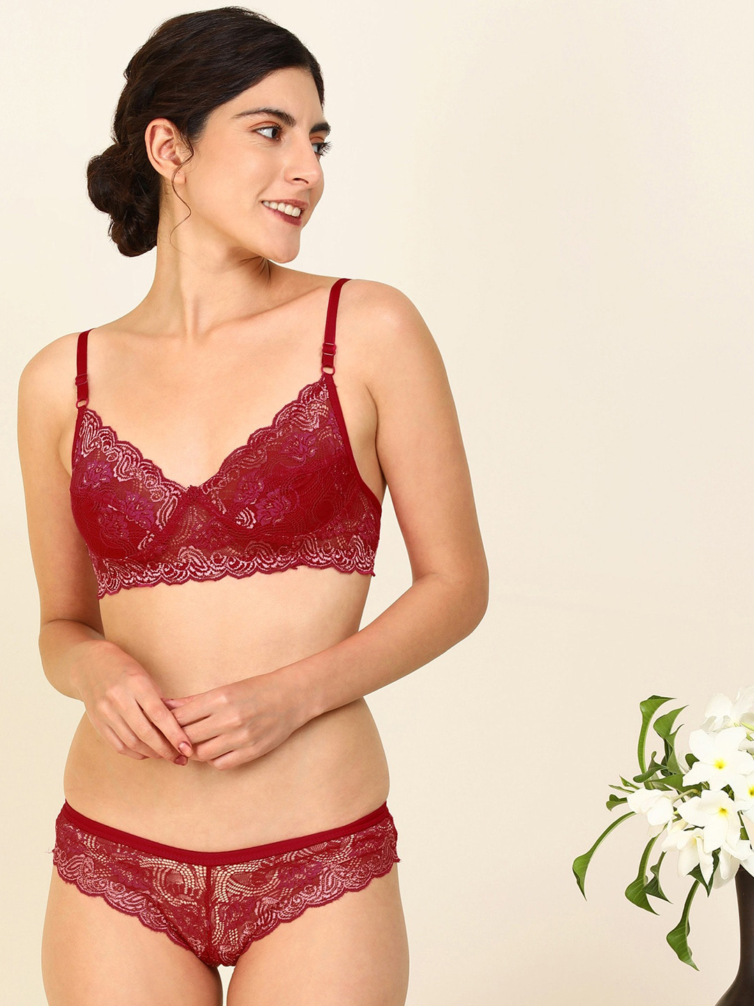 AROUSY Self Designed Cotton Lingerie Set R_Nikkar Set_Maroon_34