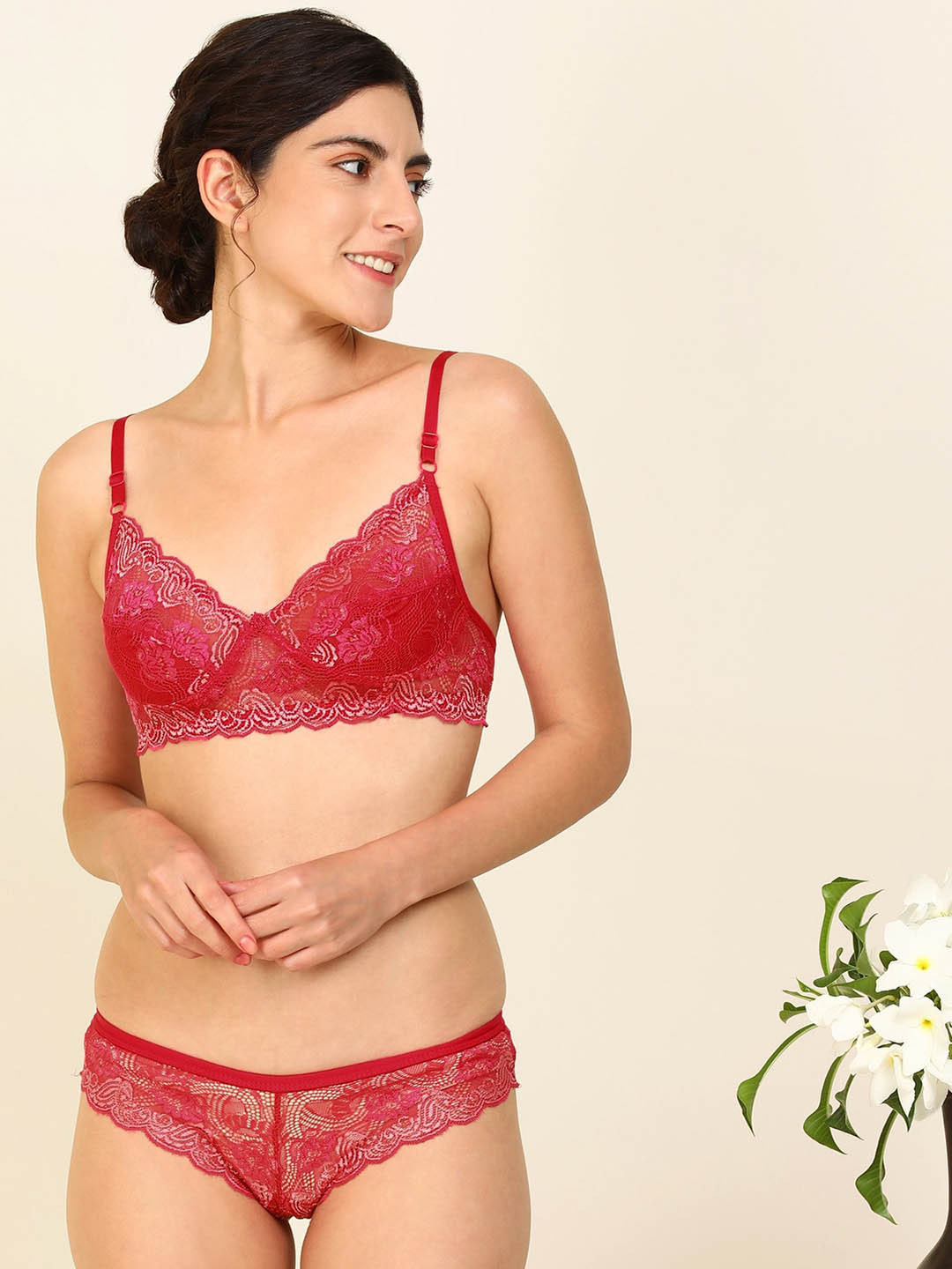 AROUSY Self-Design Cotton Lace Lingerie Set R_Nikkar Set_Red_32