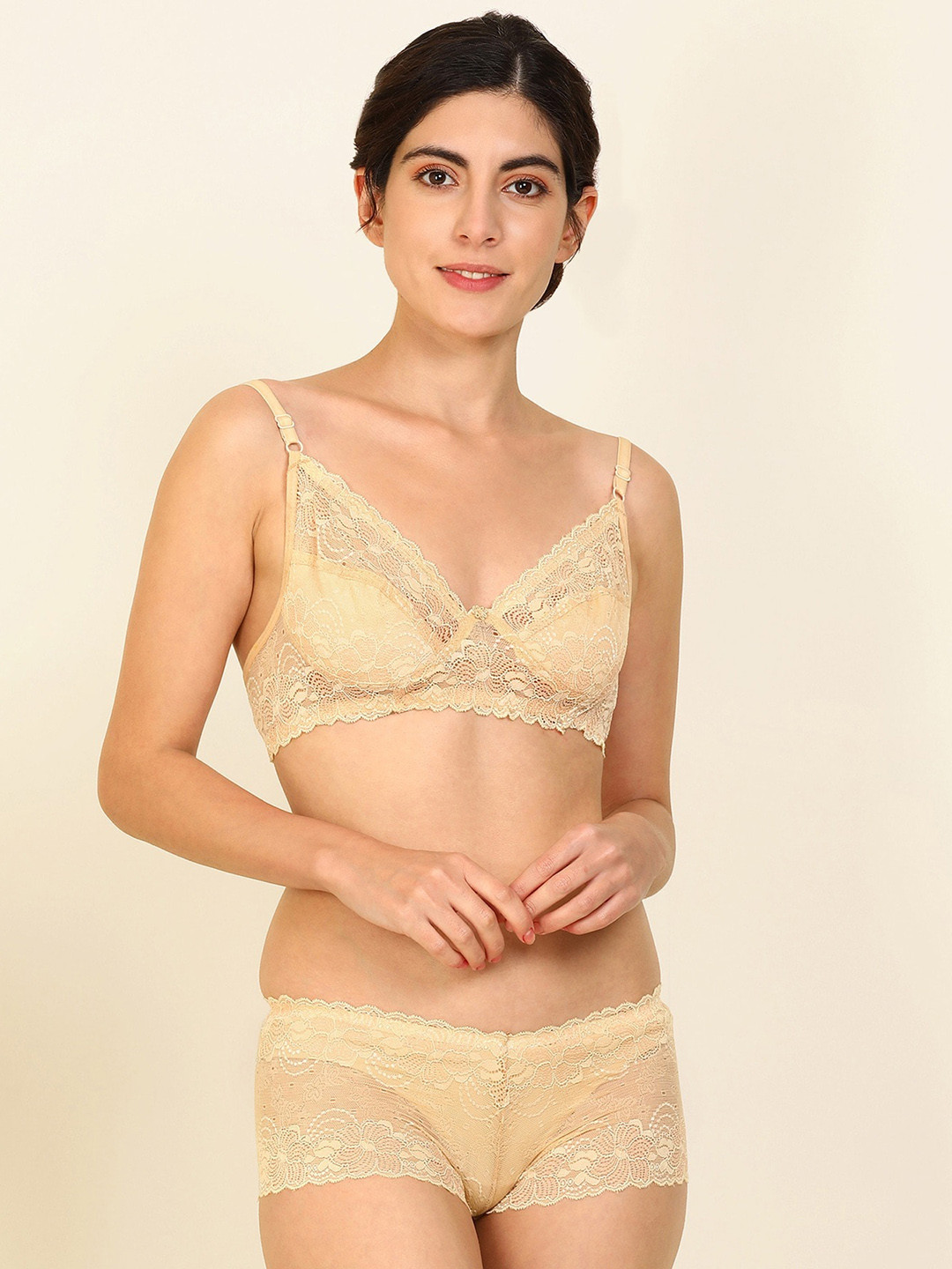 AROUSY Self-Designed Non-Wired Non Padded Cotton Bra With Briefs R_Nikkar Set_Brown_32