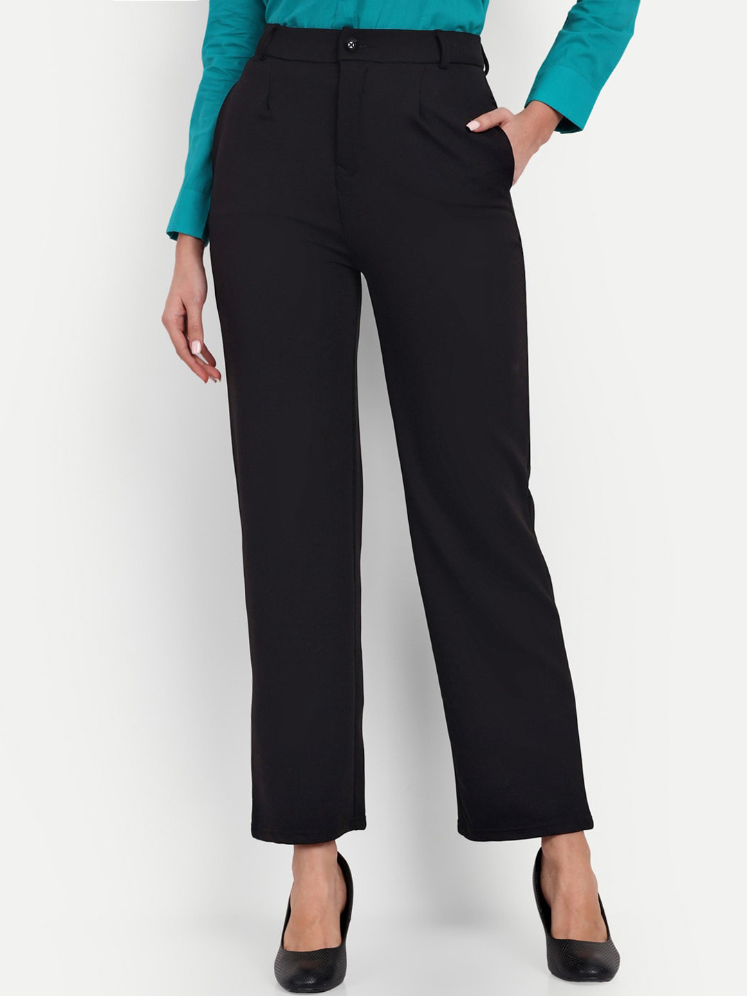 BROADSTAR Women Tailored Straight Fit High-Rise Easy Wash Trousers