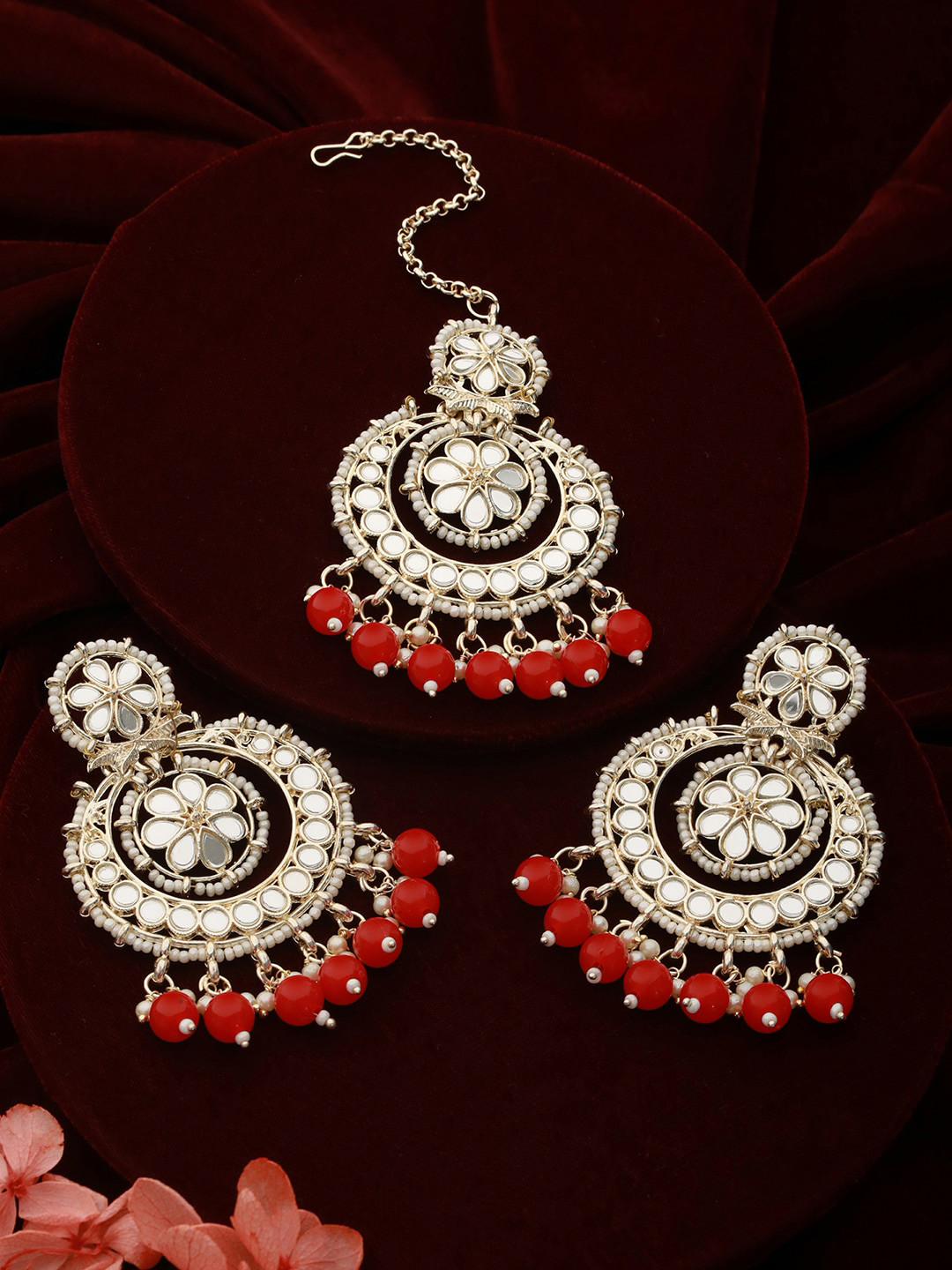 Aadvik Designs Gold-Plated Mirror-Studded Mang Tika With Earring