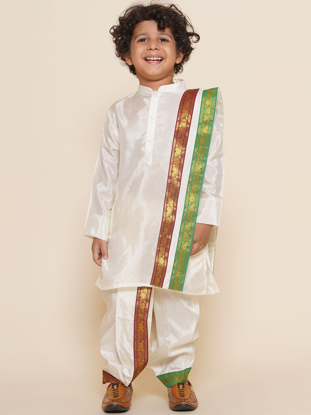 Sethukrishna Boys Mandarin Collar Zari Work Kurta & Dhoti Pants With Dupatta