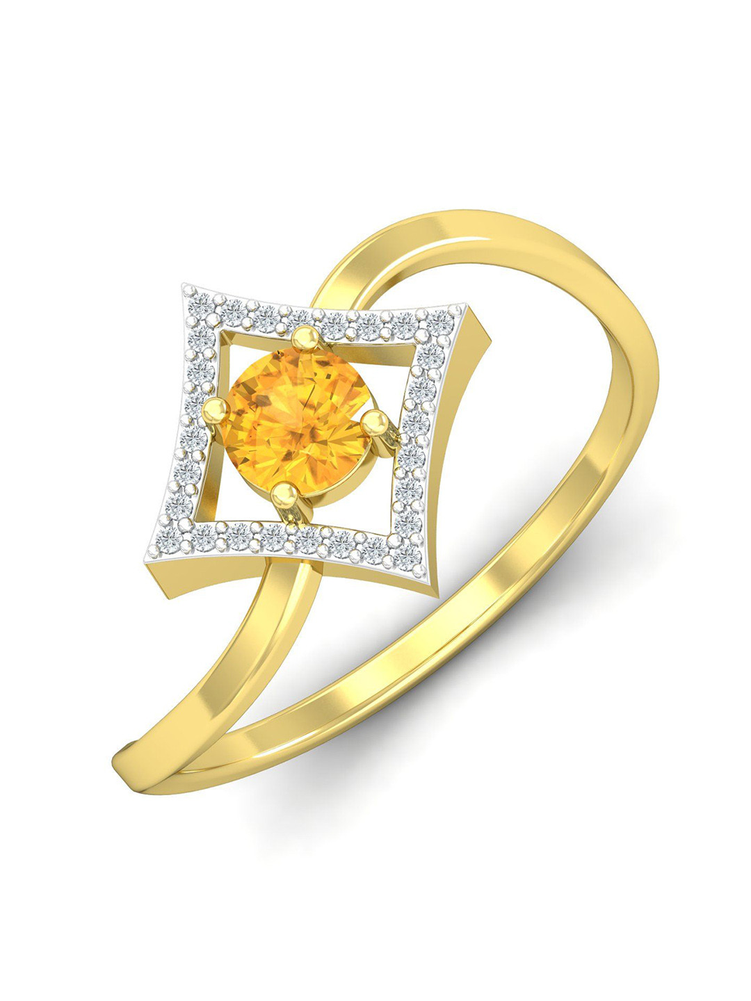 KUBERBOX Citrine 18KT Gold Diamond Studded Square Ring 1.96 g