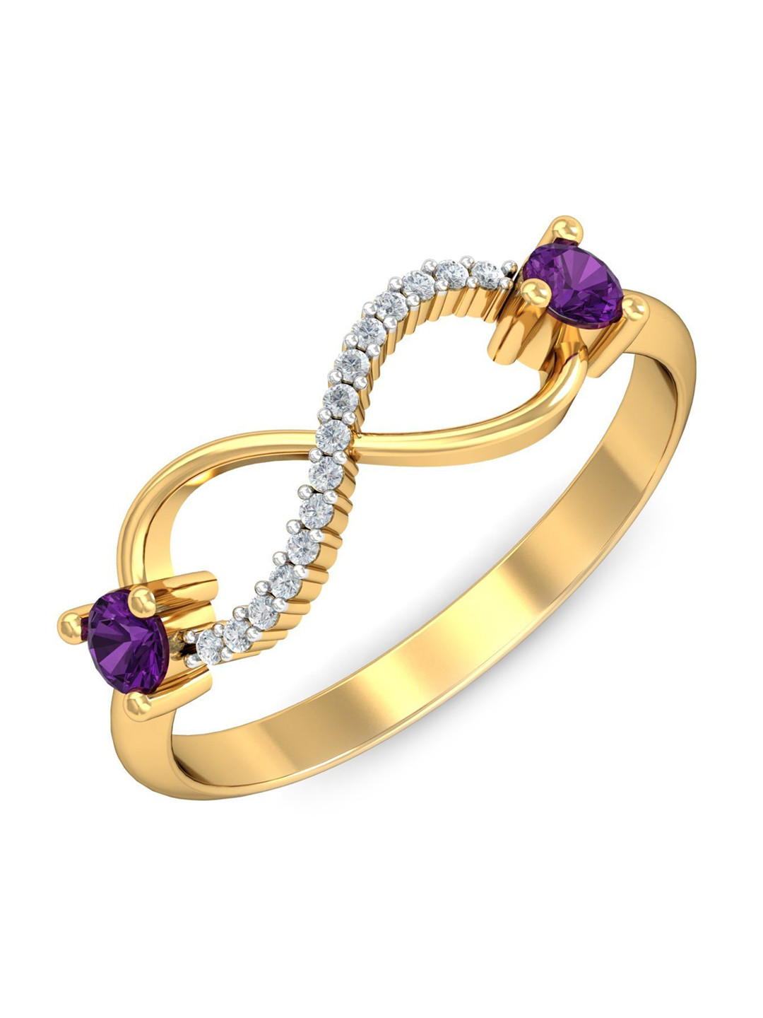 KUBERBOX Wavy 18KT Gold Diamond-Studded Amethyst Ring- 2.35gm