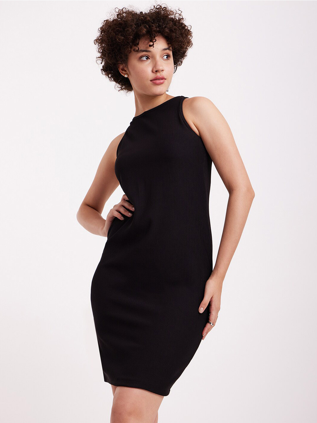 FableStreet Rib Knitted Boat Neck Sleeveless Casual Bodycon Dress