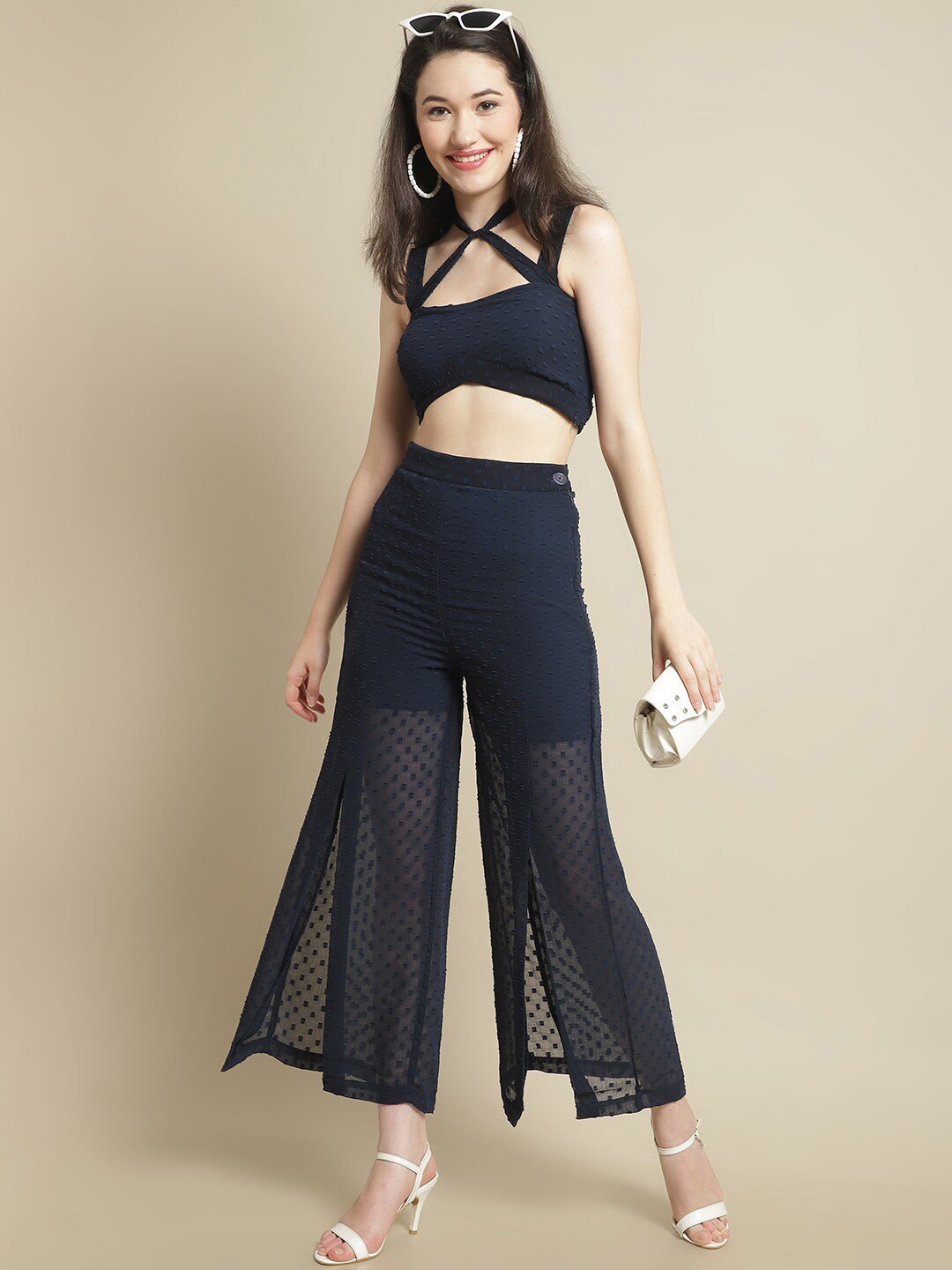 BLANC9 Self Design Crop Top With Trousers