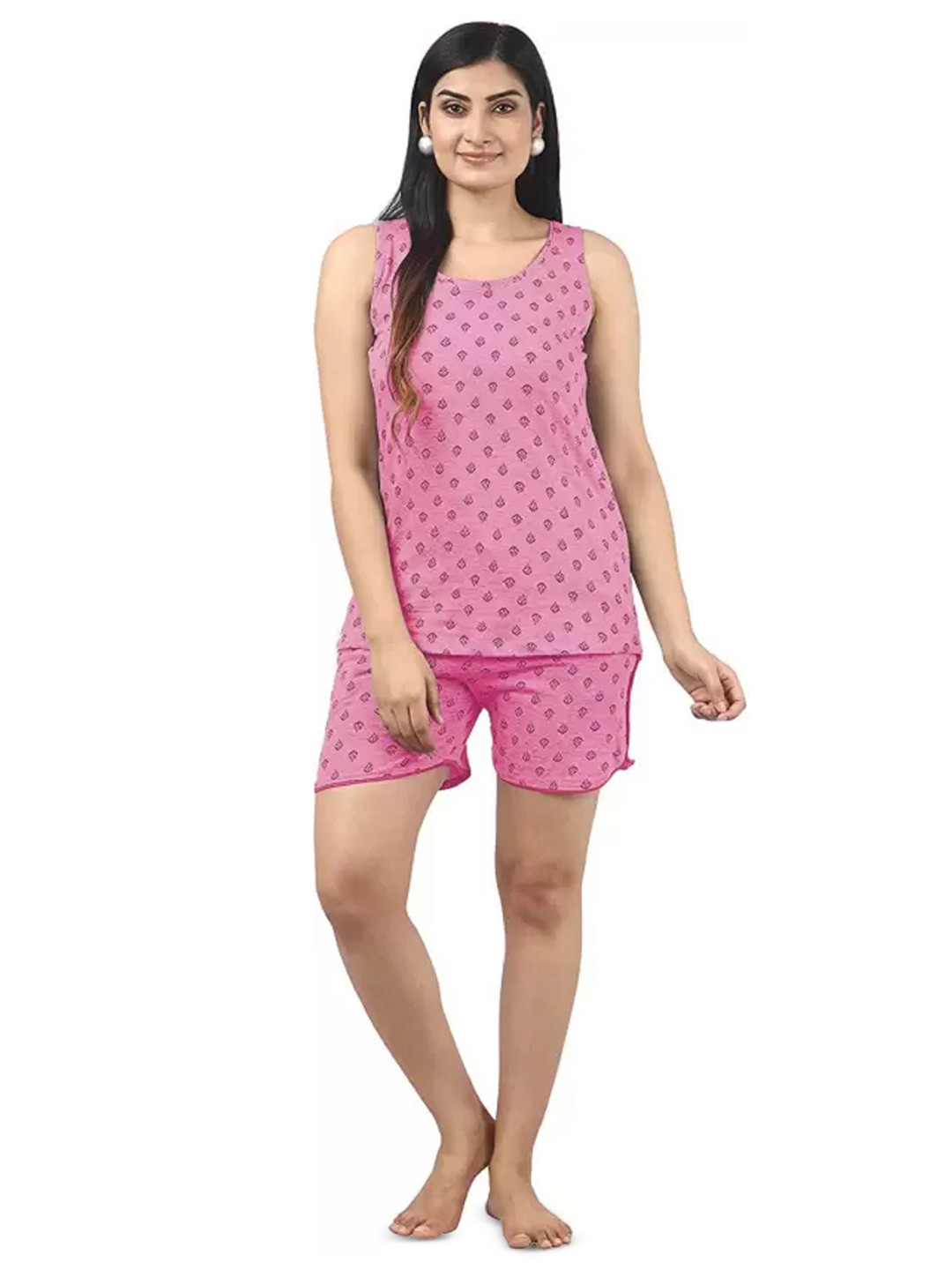 Noty Women Pink & Black Printed Night suit