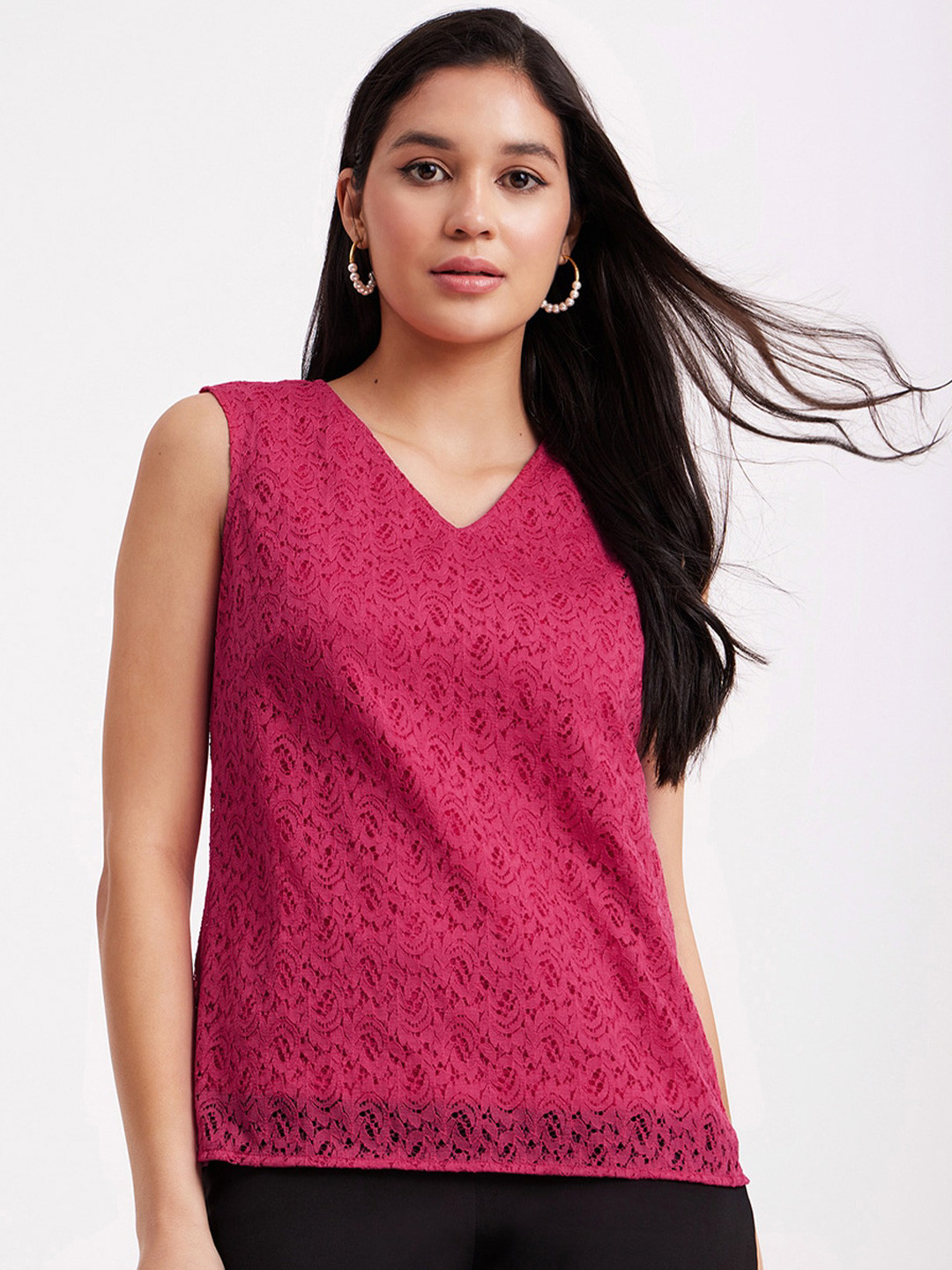 FableStreet Self Design V-Neck Lace Top