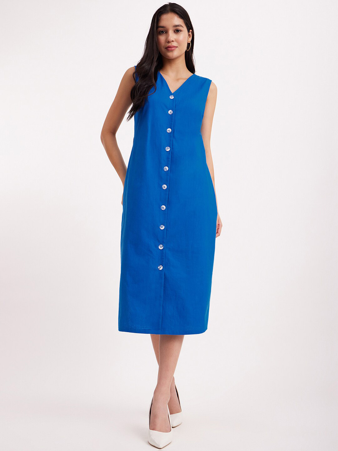 FableStreet Sleeveless Linen Midi Shirt Dress
