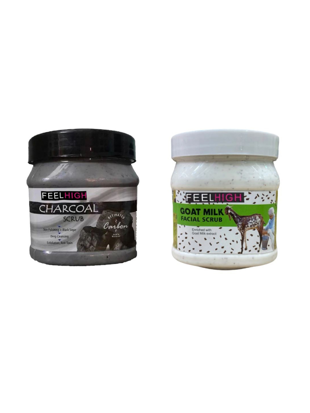 FEELHIGH Set Of 2 Goat Milk & Charcoal Face & Body Scrubs 500ml Each