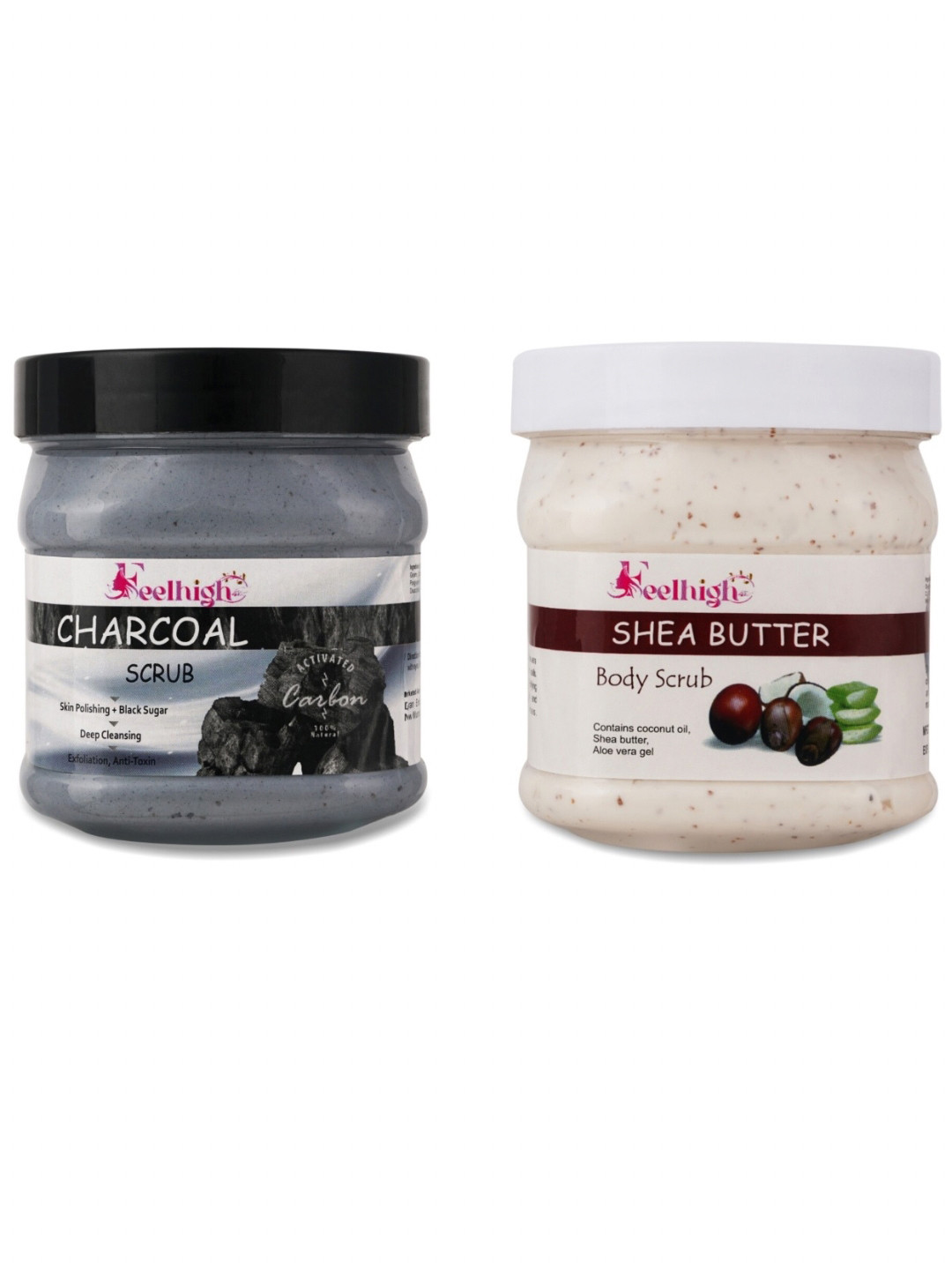 FEELHIGH Set Of 2 Shea Butter & Charcoal Face & Body Scrubs 500ml Each