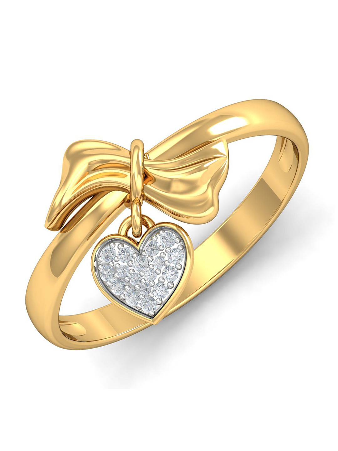 KUBERBOX Dangling Heart Bow 18KT Gold Diamond-Studded Ring - 2.3gm