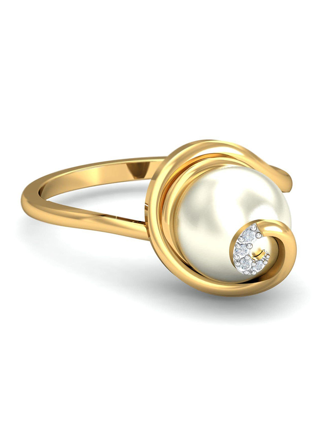 KUBERBOX Swirling 18KT Gold Diamond-Studded & Pearl Ring-2.4 gm