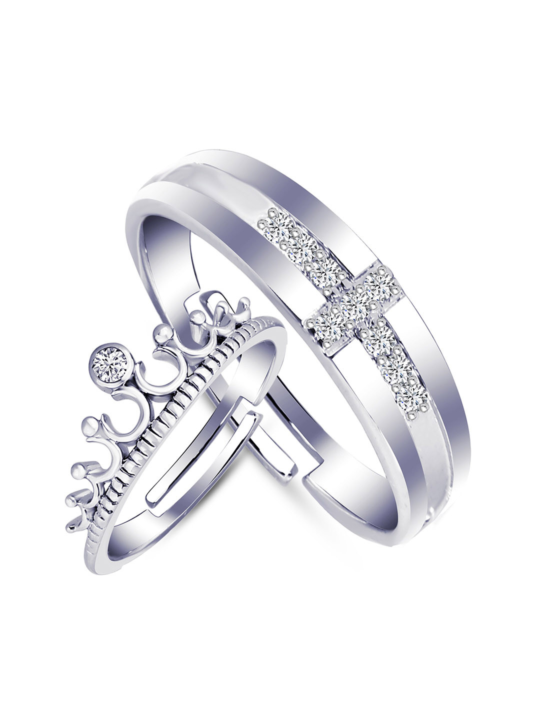 MEENAZ Set Of 2 Silver-Plated Crystal-Studded Couple Adjustable Finger-Ring