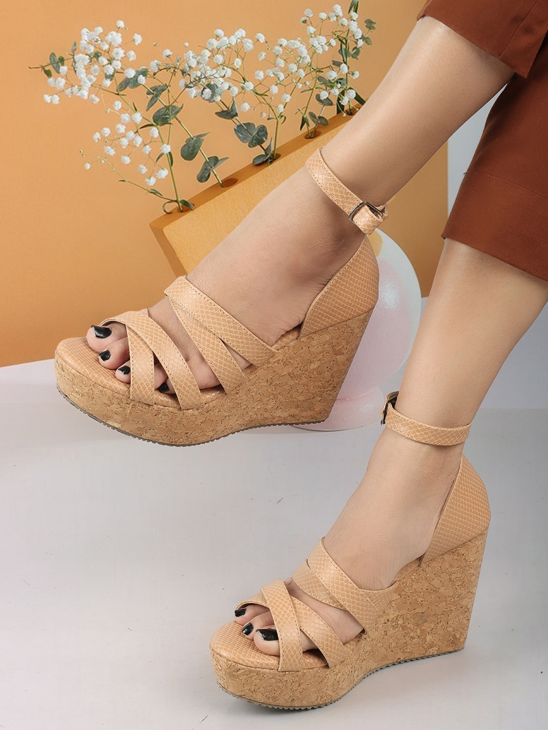 ICONICS Strappy Open Toe Wedges With Ankle Loop