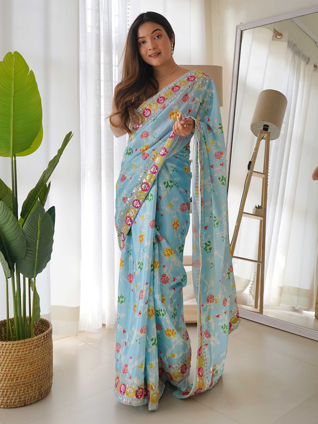 Mitera Blue & White Floral Printed Sequinned Saree