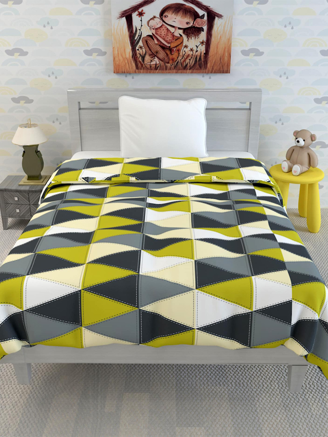 Divine Casa Kids Tawny Grey & Olive Green Microfiber AC Room 120 GSM Single Bed Dohar