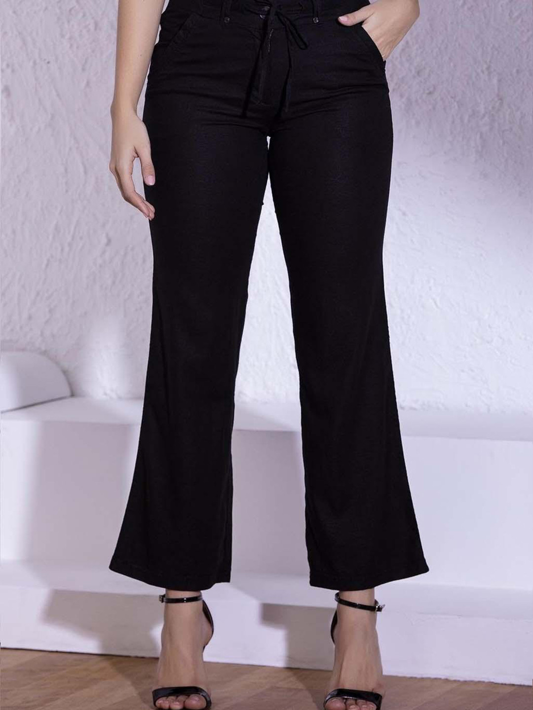 Lakshita Women Black Smart Straight Fit Easy Wash Bootcut Linen Trousers