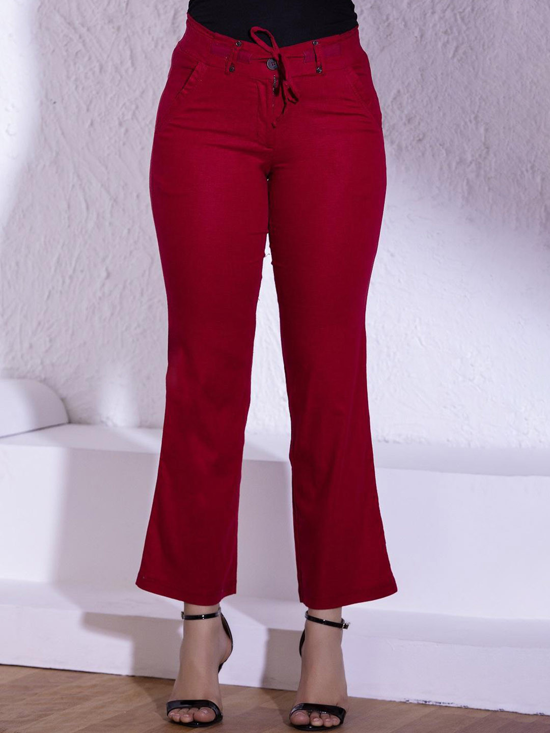 Lakshita Women Red Smart Straight Fit Easy Wash Bootcut Linen Trousers