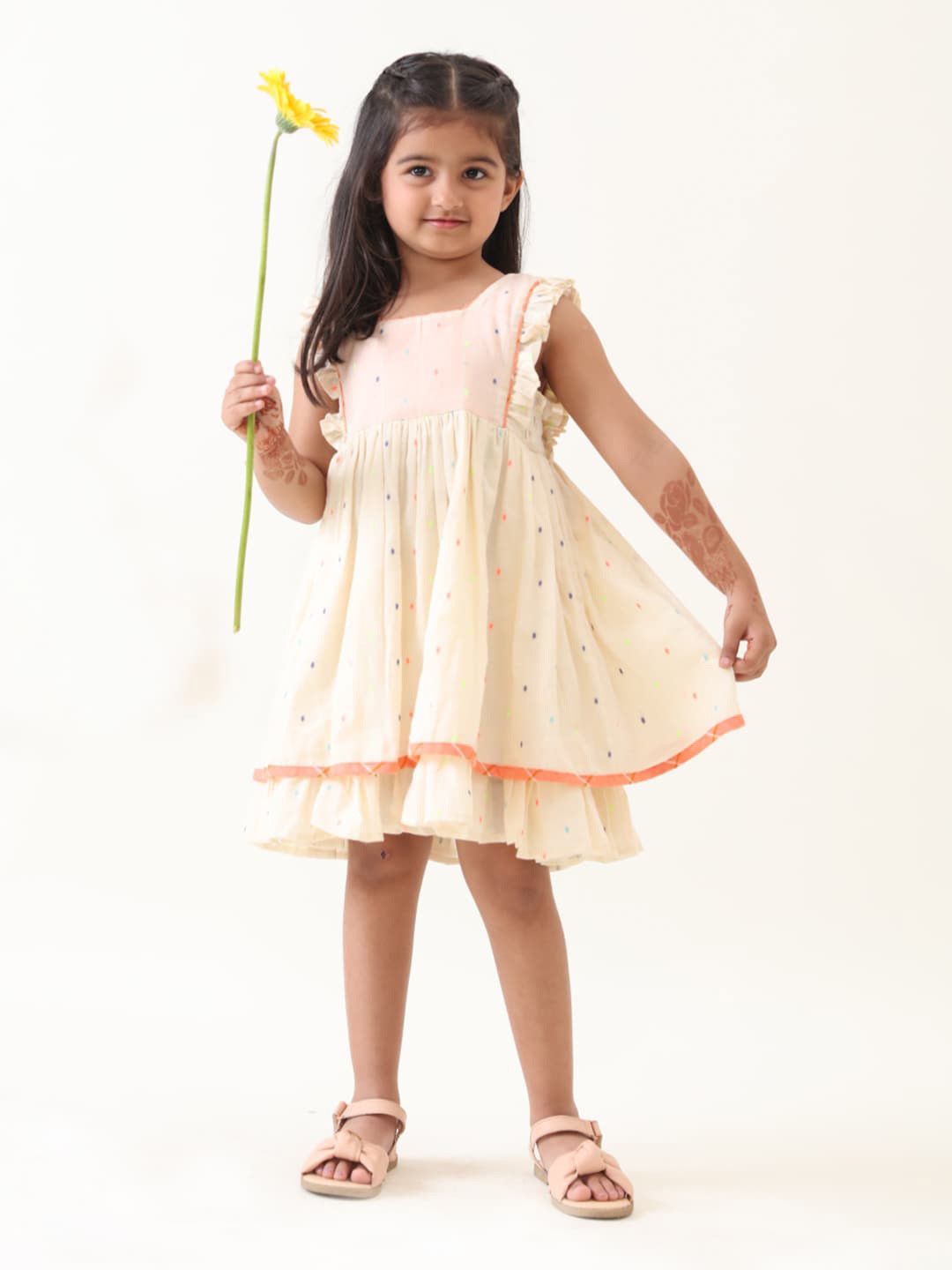 Jilmil Girls Woven Design Layered square Neck Cotton Fit & Flare Dress