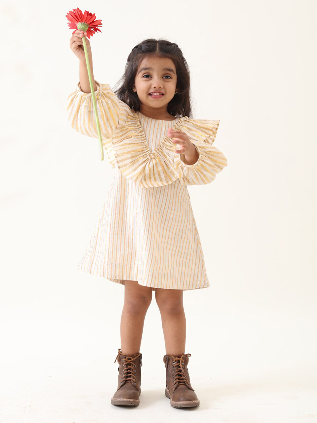 Jilmil Off Girls Striped Ruffle Detail Full Sleeve A-Line Dress