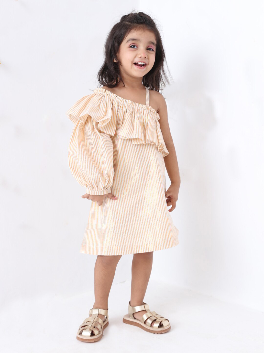 Jilmil Girls Striped One Shoulder Puff Sleeves Ruffled Cotton A-Line Dress