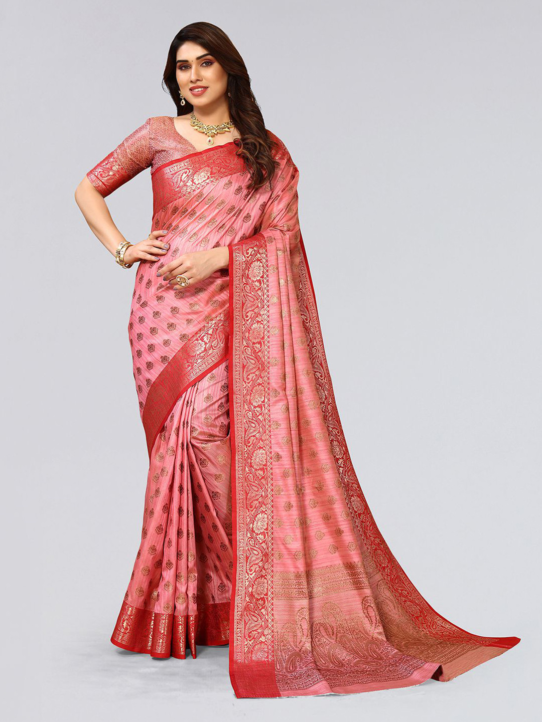 Mitera Pink & Gold Ethnic Motifs Zari Art Silk Saree With Blouse Piece