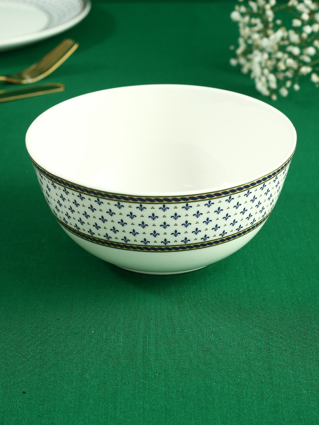 Wonderchef White & Blue 1 Piece Printed Fine Bone China Matte Serving Bowl - 750 ML