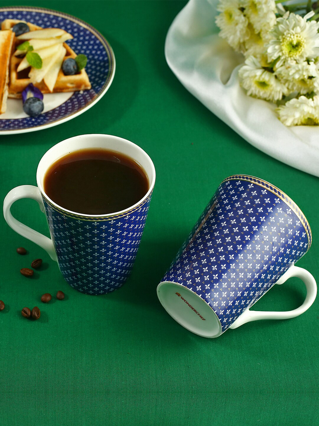 Wonderchef Blue Floral Bone China Lead Free 2 Piece Mugs-357ml