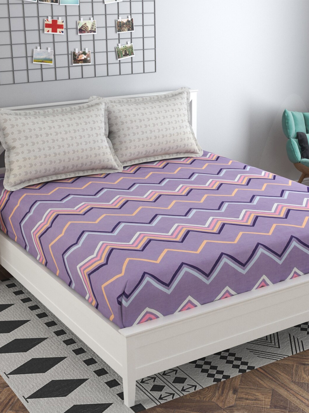 MAFATLAL Purple Abstract Cotton 160 TC Queen Bedsheet with 2 Pillow Covers-228 x 254 cm